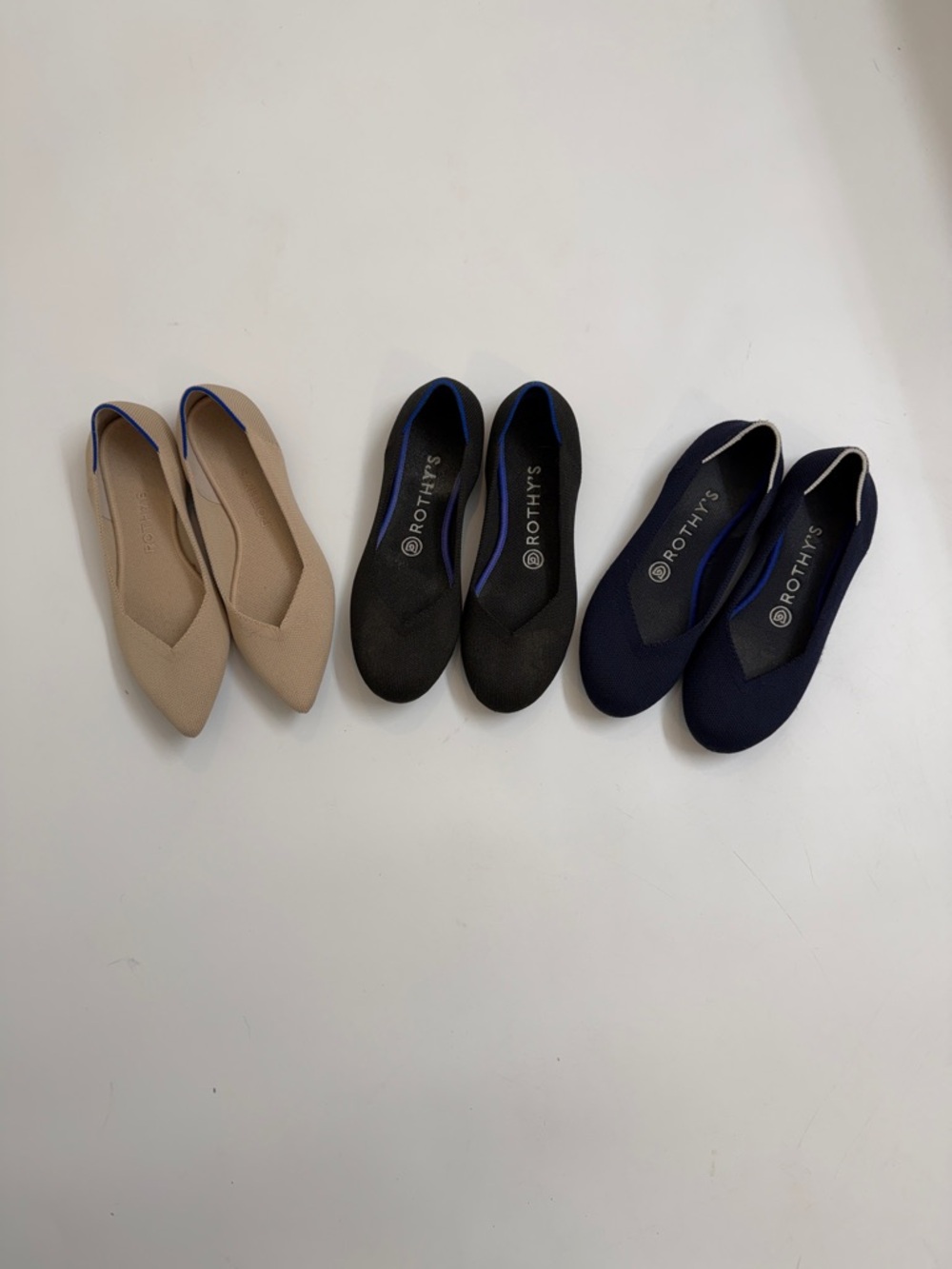 Rothy's Pointed Ballet Flats in Beige, Black & Navy